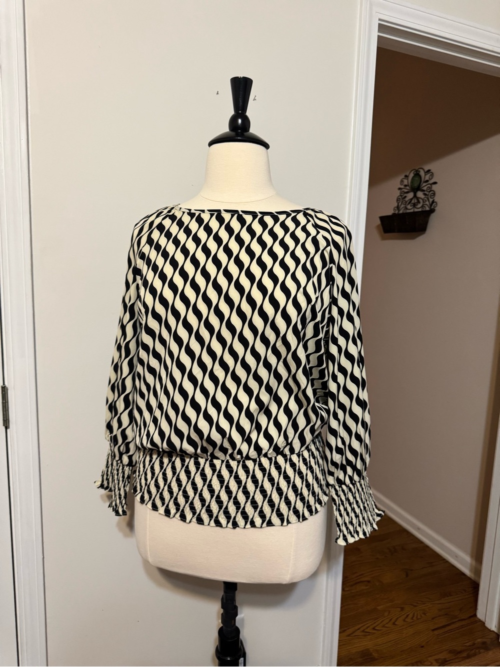 Black and Cream Wave-Print Blouse with Smocked Hemline